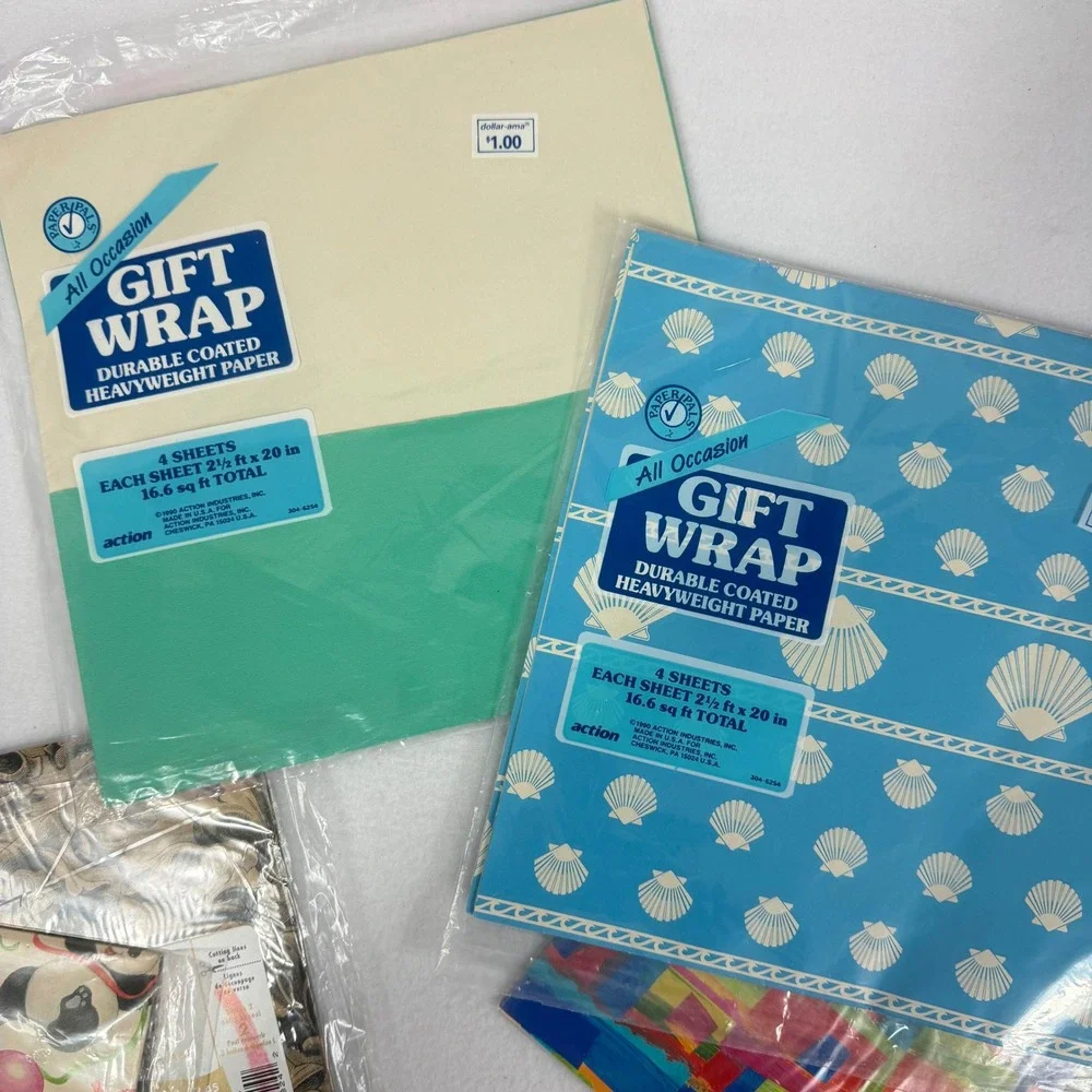 Vintage Hallmark Gift Wrap Lot 5 Packs‎ Pandas Seashells Abstract Floral Designs